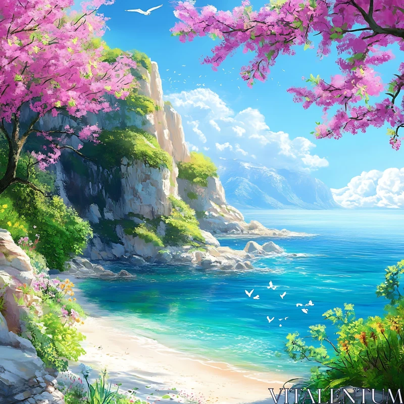 Coastal Scene with Turquoise Sea and Flowers AI Image