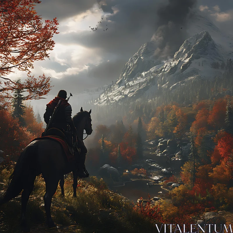 AI ART Rider in the Autumn Mountain Scenery