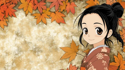 Traditional Kimono-Clad Anime Girl with Fall Foliage