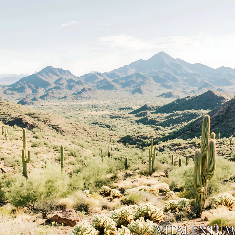 Desert Valley Cactus Mountain Vista AI Image