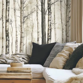 Comfortable Living Room with Birch Tree Mural