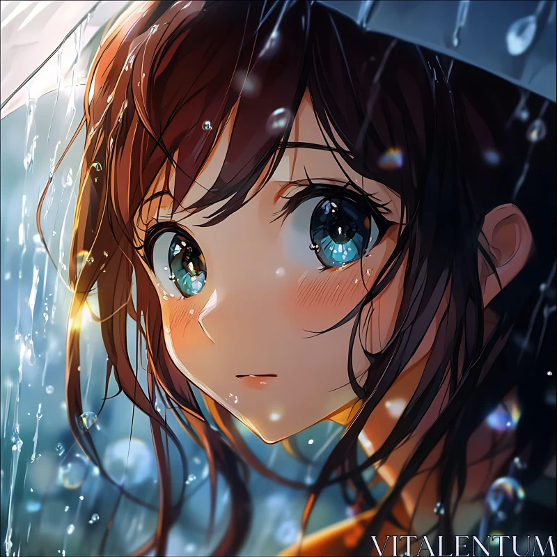 Anime Girl Under Rainy Sky AI Image