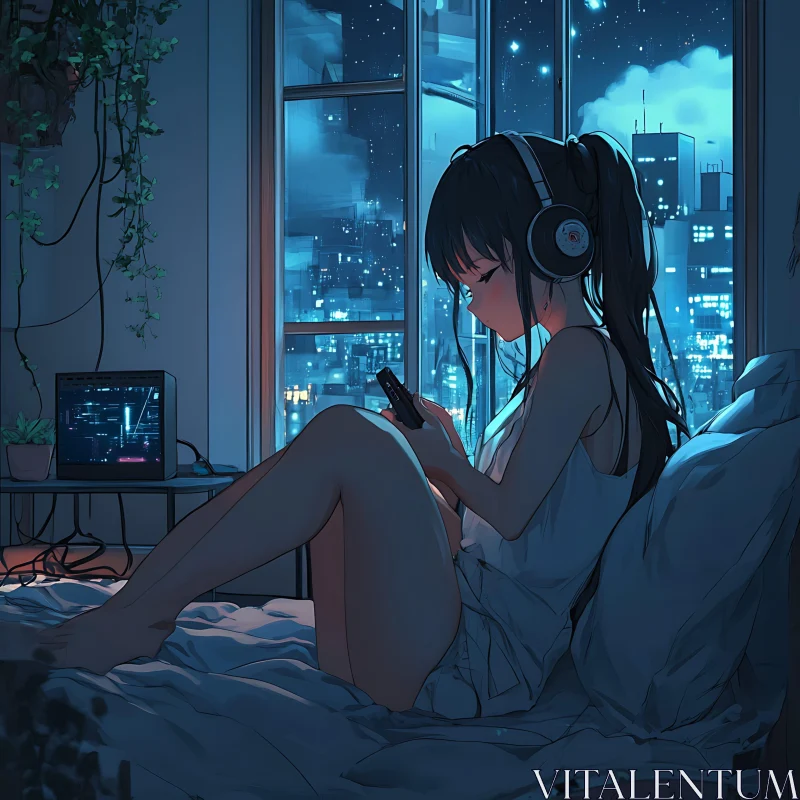 AI ART Anime Girl Relaxing with Headphones at Night