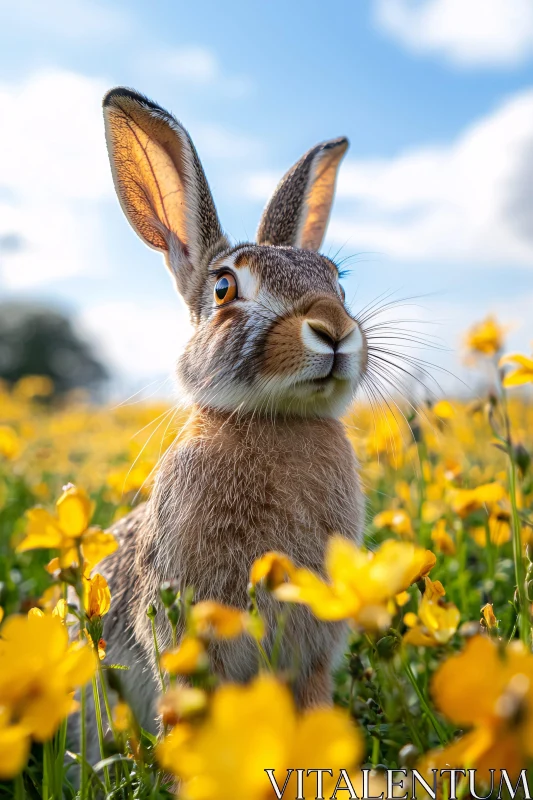 Hare in a Yellow Flower Meadow AI Image