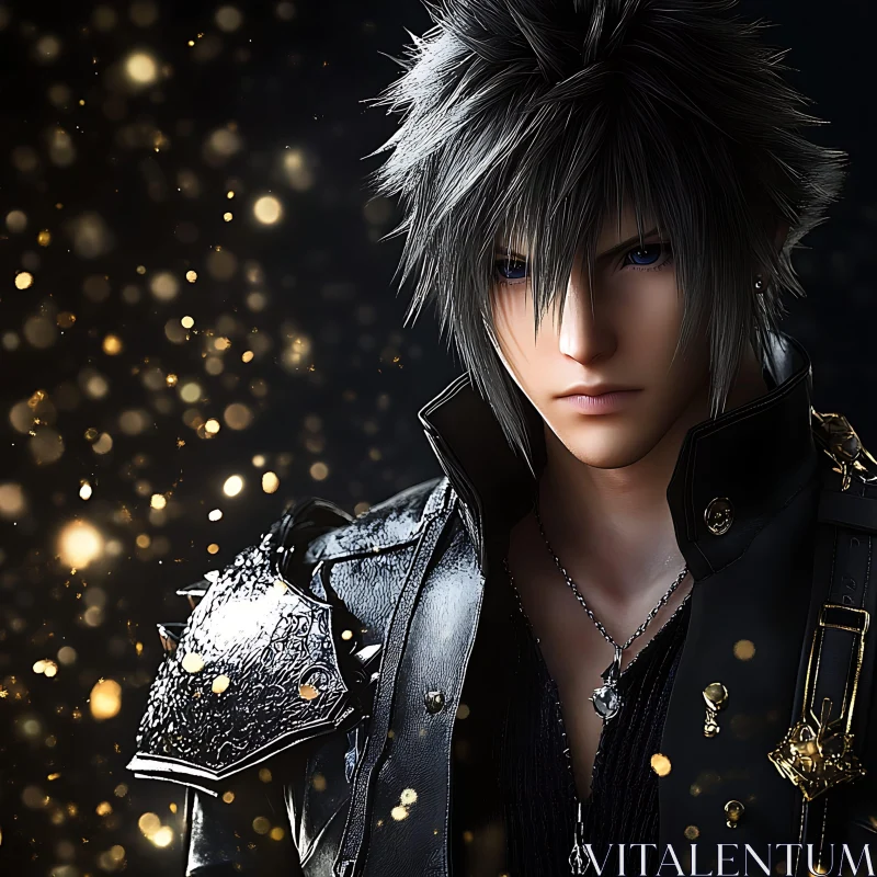 Anime Character in Black Armor with Bokeh Lights AI Image