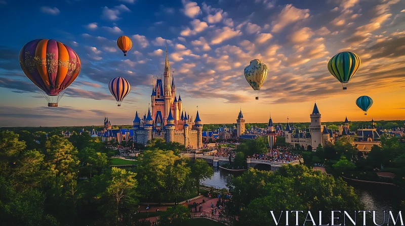 Enchanting Castle View with Hot Air Balloons AI Image