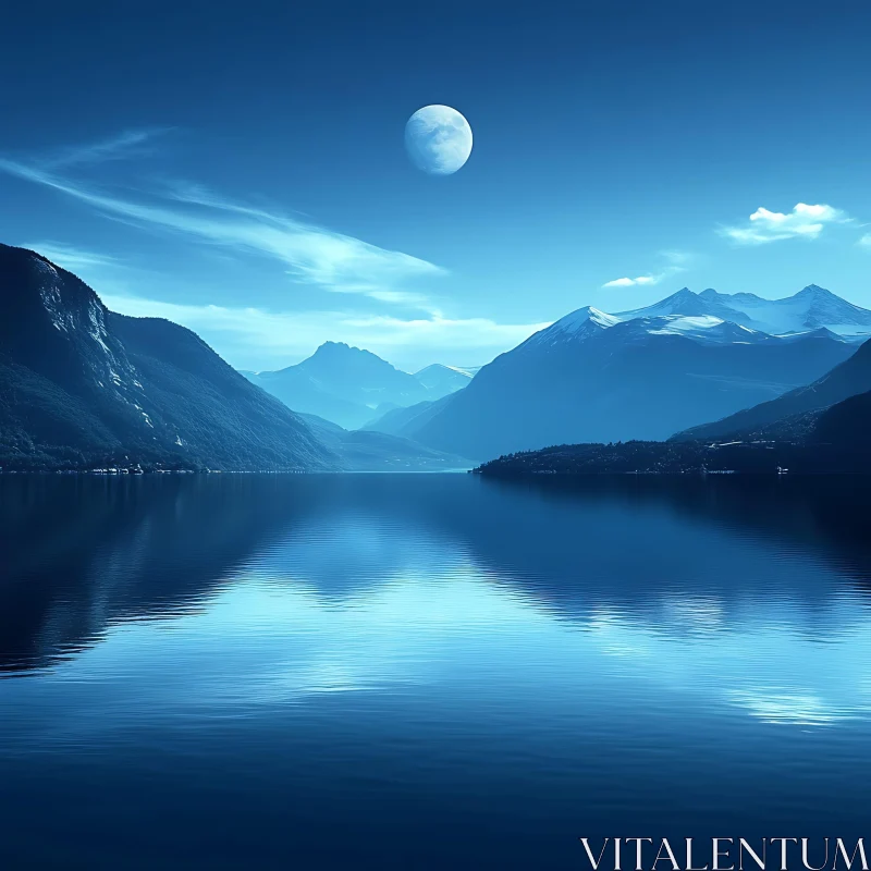 Peaceful Moon Reflection on Mountain Lake AI Image