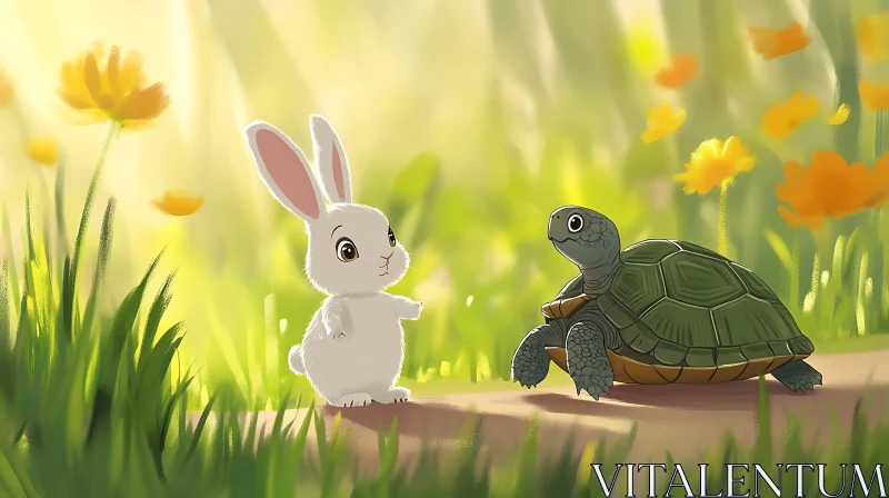 AI ART Cartoon Rabbit and Turtle in Meadow