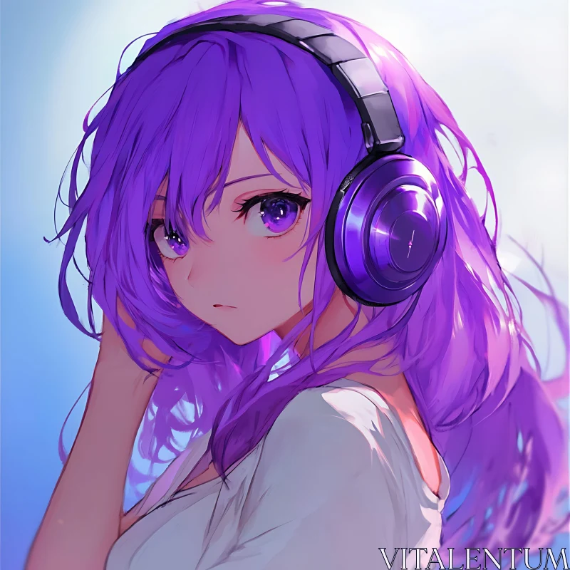 Purple-Haired Anime Girl Wearing Headphones AI Image