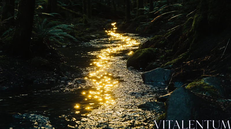 AI ART Peaceful Forest Stream with Sunlight Reflections