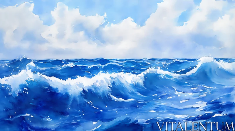 AI ART Watercolor Ocean Scene with Cloudy Sky