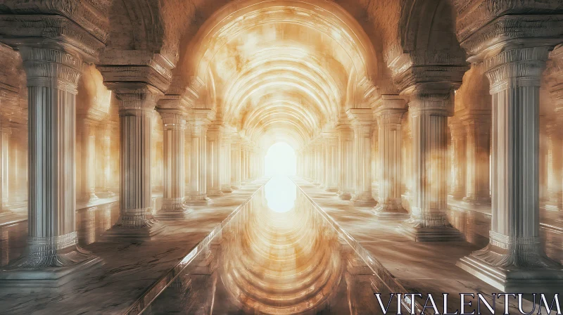 Illuminated Ancient Corridor with Reflective Floor AI Image