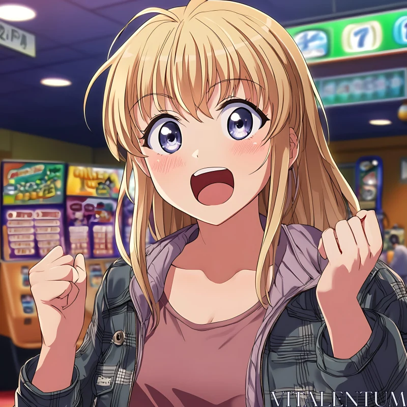 Happy Anime Girl in Colorful Arcade AI Image