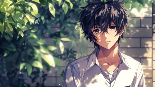 Contemplative Anime Boy Amidst Lush Greenery