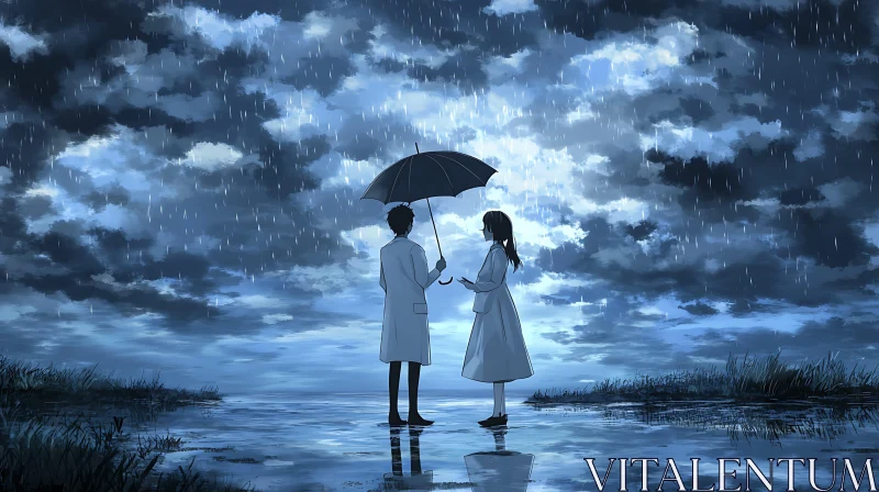 Anime Couple Sharing Umbrella in Rain AI Image