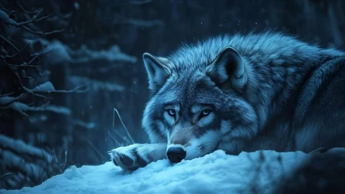 Lone Wolf Resting in Snow