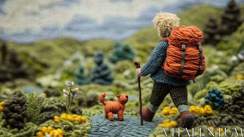 Knitted Yarn Landscape of Hiker and Canine AI Image