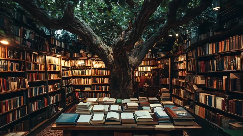 Whimsical Library with Central Tree