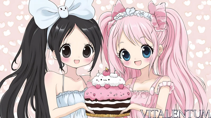 Charming Anime Girls Holding a Cake AI Image