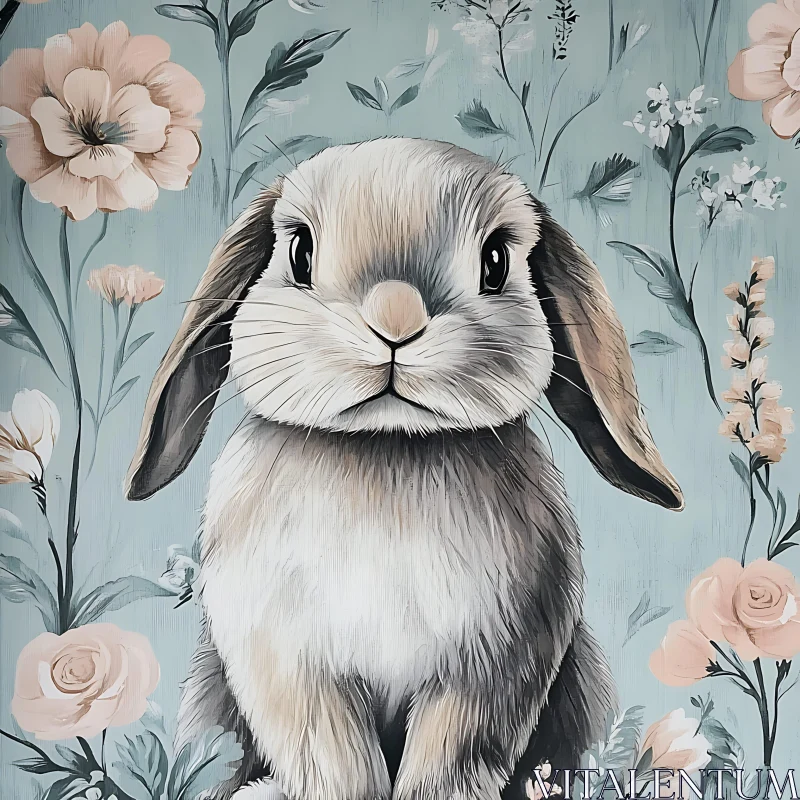 Pastel Flowers and Bunny Portrait AI Image