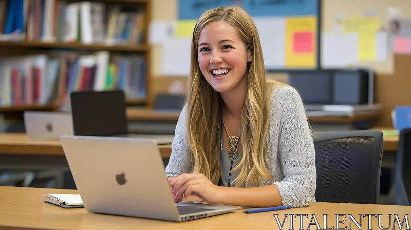 Smiling Woman with Laptop in Library AI Image