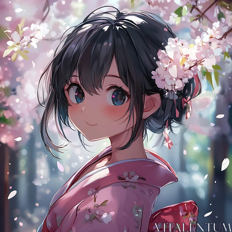 Springtime Anime Girl Amid Cherry Blossoms AI Image