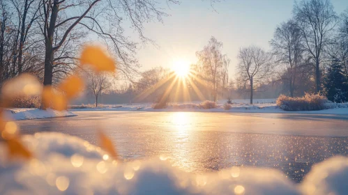 Winter Morning Sun Over Icy Lake