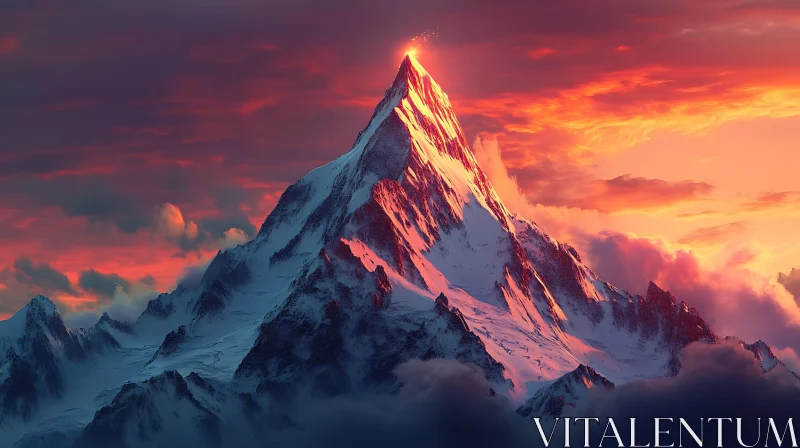 Fiery Sky Over Mountain Top AI Image