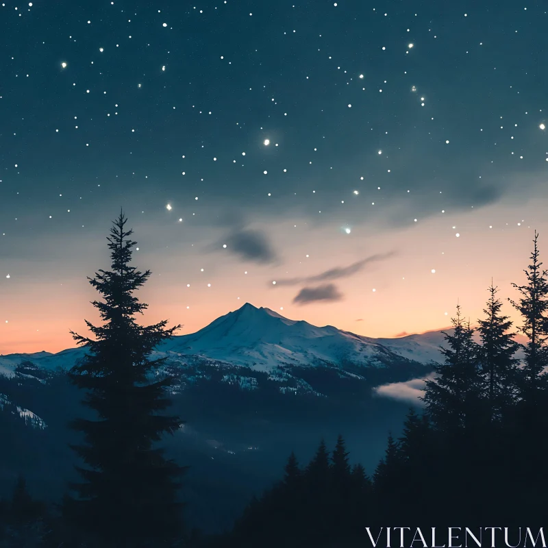 AI ART Night Sky Over Snowy Mountain Range