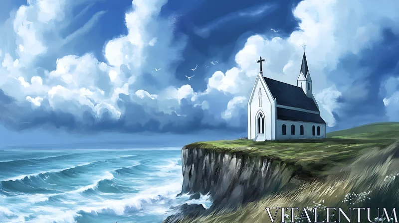 Coastal Church Scene with Ocean View AI Image