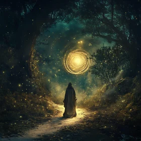 Cloaked Figure Gazing at Magical Portal