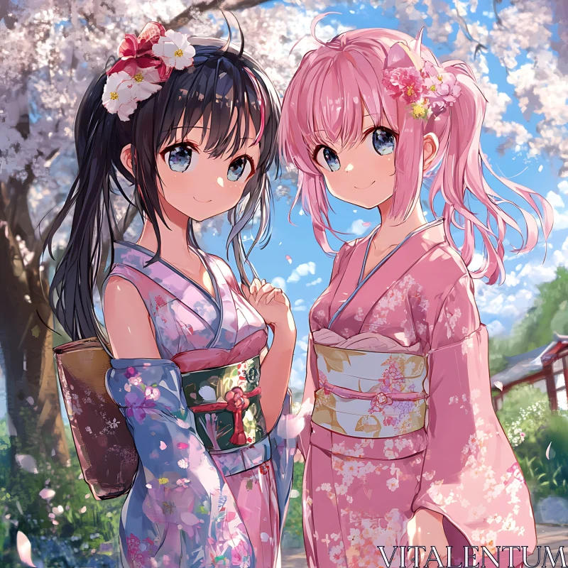 Springtime Anime Girls in Traditional Kimonos AI Image