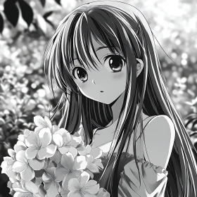 Tranquil Anime Artwork of Girl with Bouquet