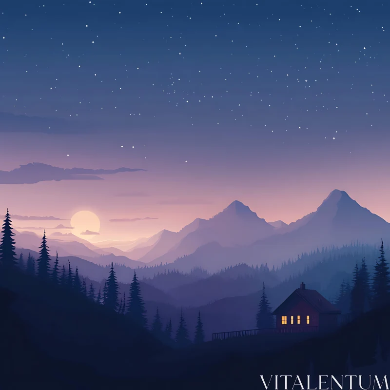 Tranquil Mountain Cabin at Night AI Image