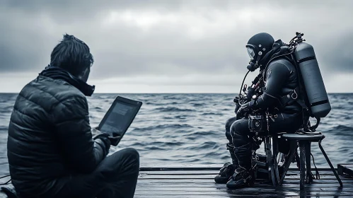 Seaside Diver and Tablet User