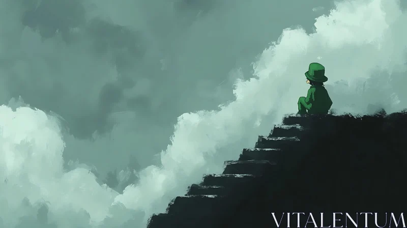 AI ART Green Figure Contemplates Cloudy Ascent