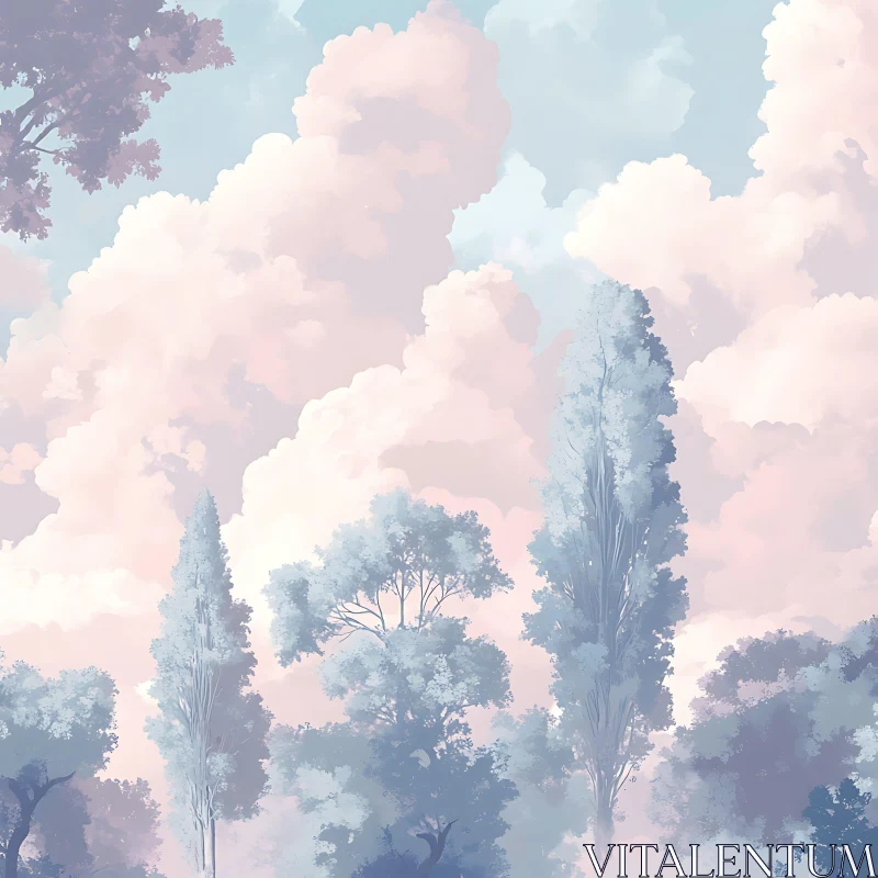 Blue Trees Under Fluffy Pink Clouds AI Image