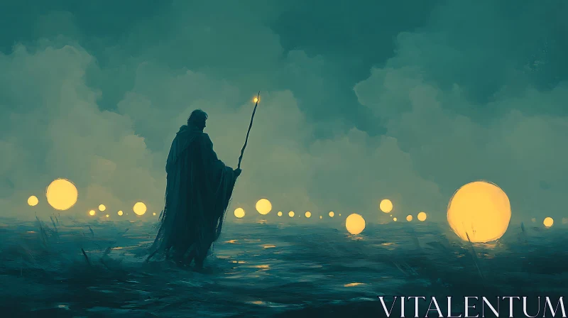 AI ART Enchanting Seascape with Wizard and Floating Lights