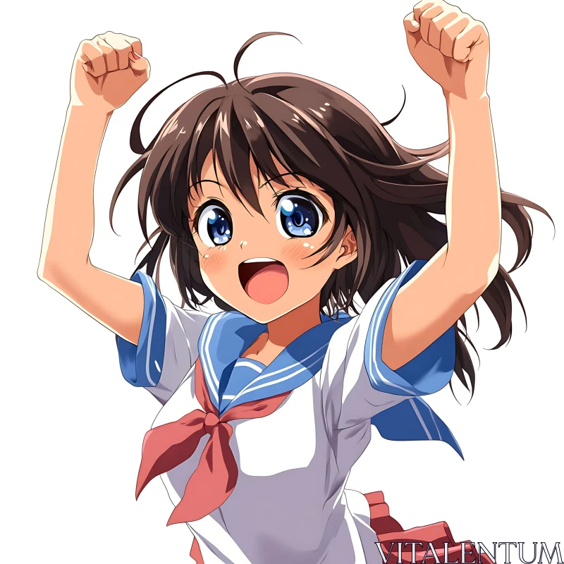 Joyful Anime Schoolgirl with Brown Hair and Blue Eyes AI Image