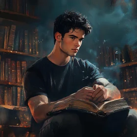 Man immersed in a book in a library