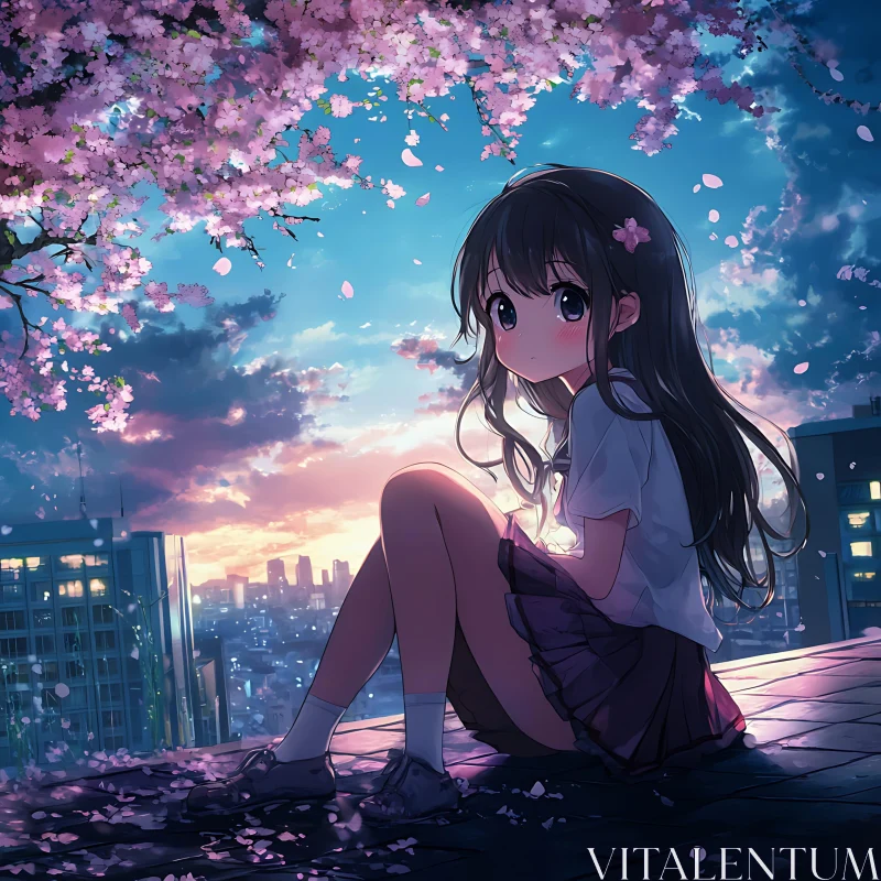 Pensive Anime Girl with Cherry Blossoms and Cityscape AI Image