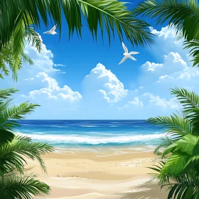 Tropical Beach Scene with Birds