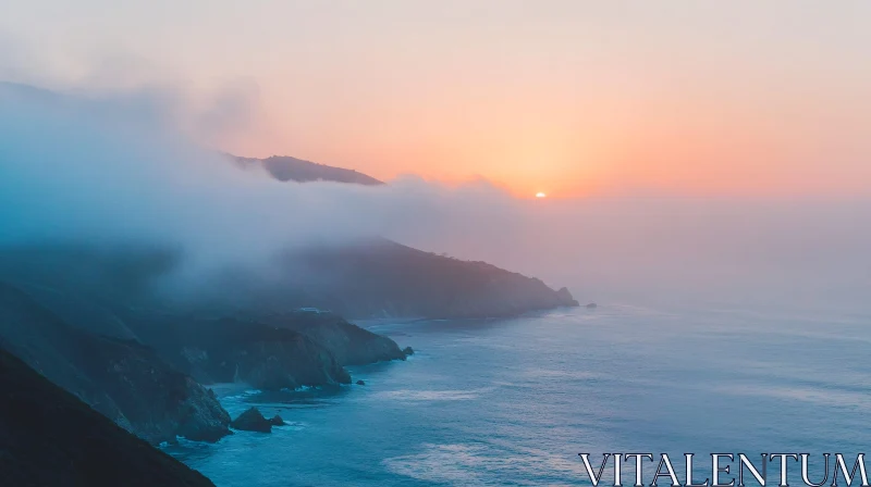 Tranquil Sunset Casting Warm Hues Over Coastal Hills AI Image