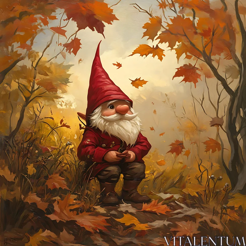 AI ART Gnome with Red Hat in Autumn Forest