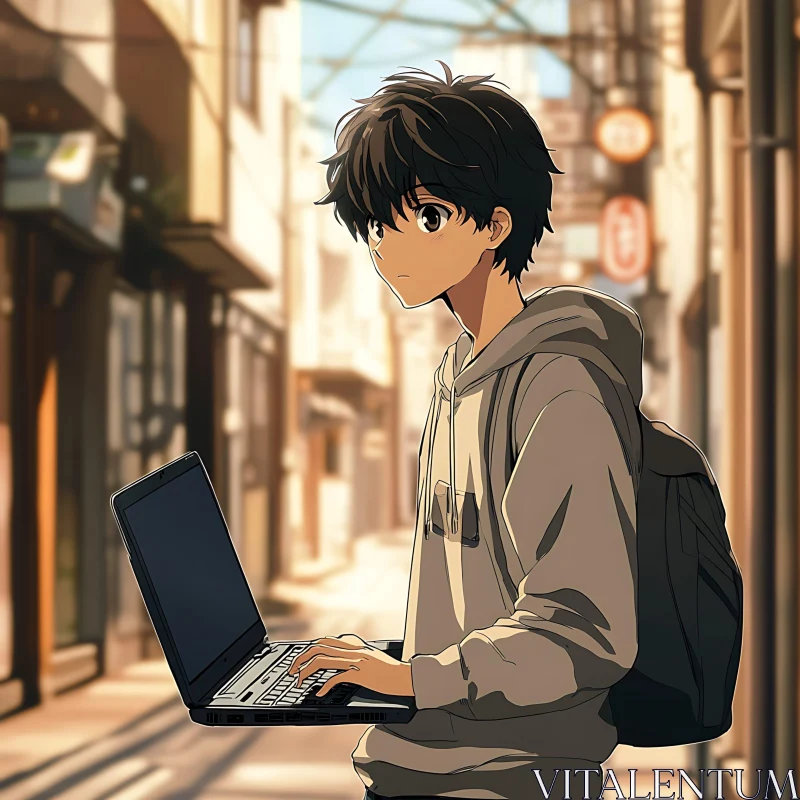 Young Anime Character in Cityscape with Computer AI Image