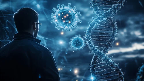 Man Contemplates DNA and Virus