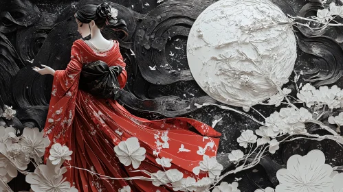 Geisha in Moonlit Night with Blossoms