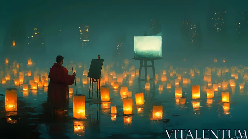 AI ART Night Scene with Painter and Lanterns