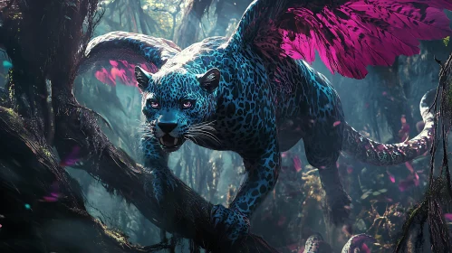 Mystical Winged Jaguar in Lush Forest