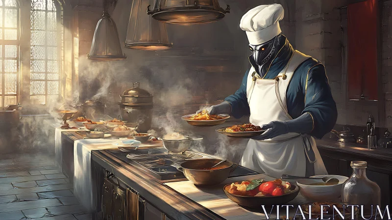 Culinary Robot in Classic Kitchen AI Image